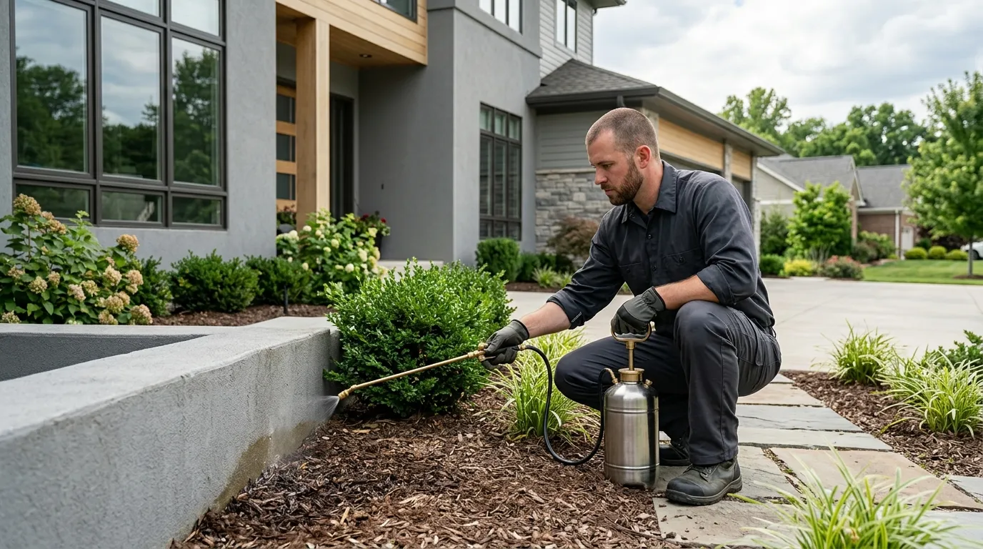 Licensed pest technician applying exterior perimeter treatment for ant colony elimination