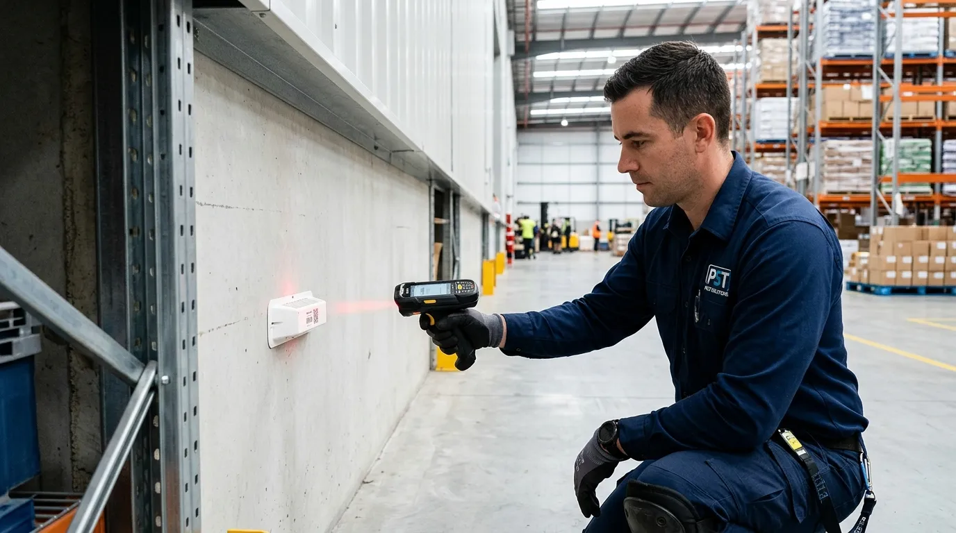 Commercial pest specialist documenting facility compliance at interior monitoring station