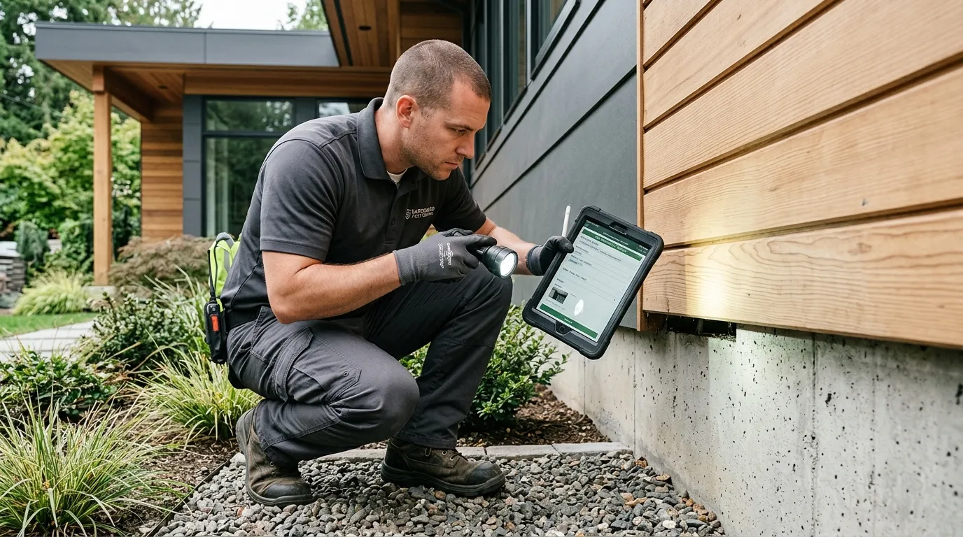 Specialist conducting comprehensive residential exterior perimeter inspection