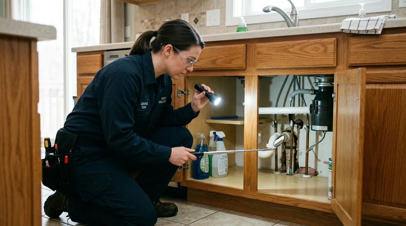 Professional inspection of kitchen plumbing void and wall penetration for roach exclusion