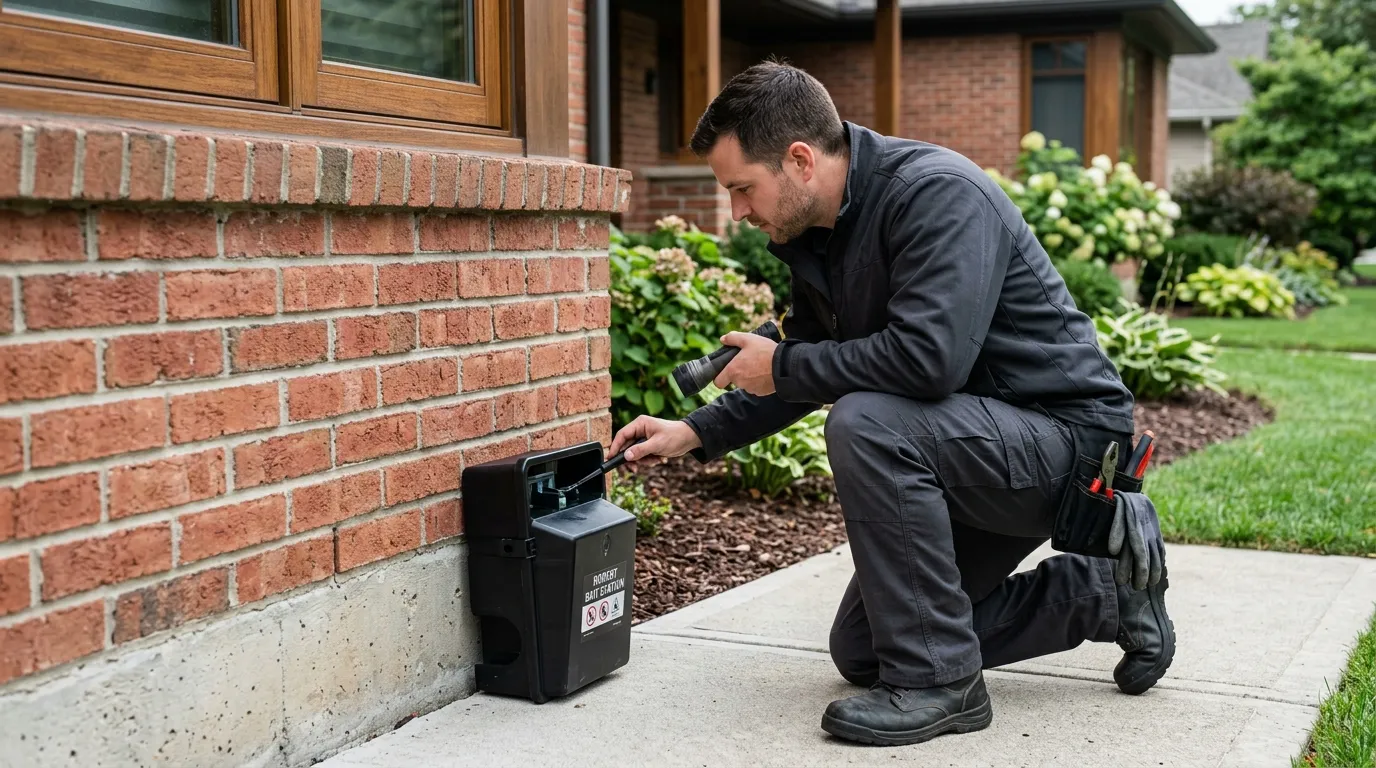 Pest management specialist inspecting secured exterior rodent station along building foundation