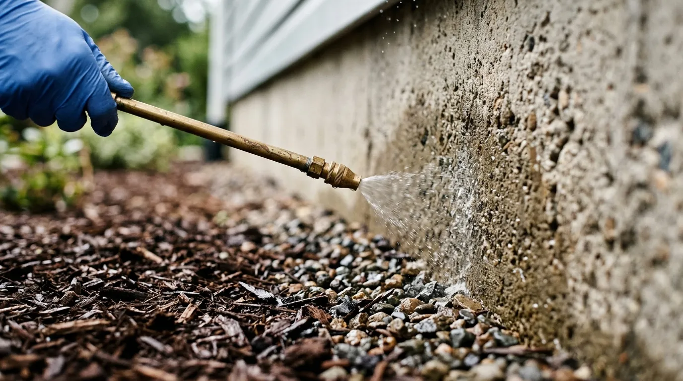 Technician applying foundation perimeter barrier spray for spider control