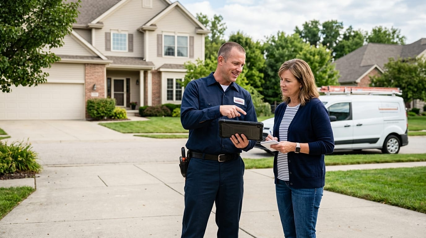 Trade specialist discussing exterior maintenance recommendations with homeowner outside residence
