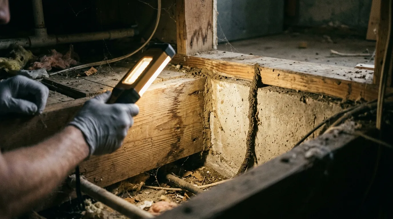 Pest management specialist inspecting residential crawlspace sill plate for termite activity