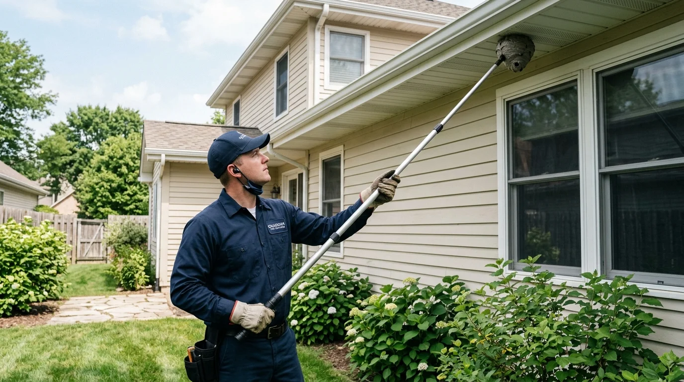Specialist utilizing telescoping extension pole to safely eliminate paper wasp nest beneath roof eave