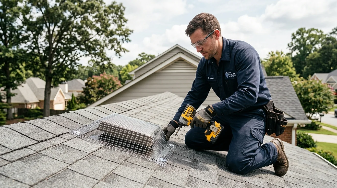 Technician securing heavy-duty galvanized exclusion wire over residential roof exhaust vent